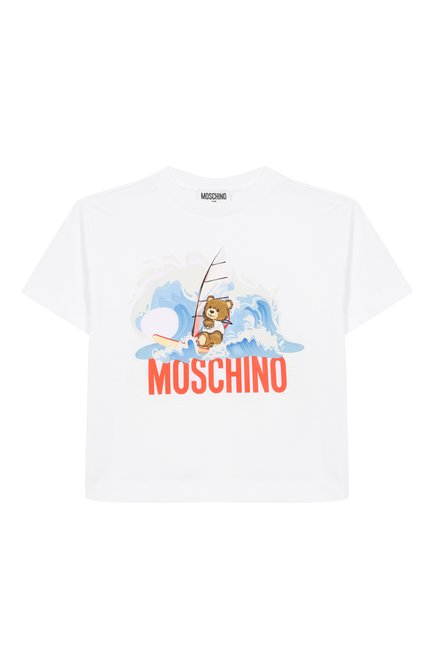 Детского комплект из футболки и шорт MOSCHINO бирюзового цвета, арт. HUG00Q/LAA42/4-8 | Фото 2 (Материал внешний: Хлопок; Рукава: Короткие; Драгоценные камни: Проставлено; Материал сплава: Проставлено)