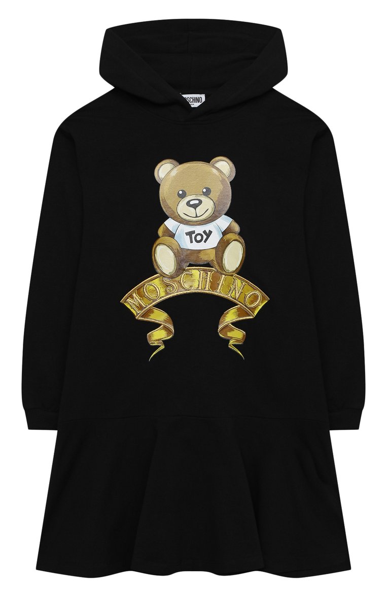 Детское хлопковое платье MOSCHINO черного цвета, арт. HDV097/LDA16/10A-14A | Фото 1 (Материал внешний: Хлопок; Рукава: Длинные; Случай: Повседневный; Девочки Кросс-КТ: Платье-одежда; Драгоценные камни: Проставлено; Материал сплава: Проставлено; Региональные ограничения белый список (Axapta Mercury): Не проставлено; Ростовка одежда: 10 - 11 лет | 140 - 146см, 12 лет | 152 см, 13 - 15 лет | 158 см)