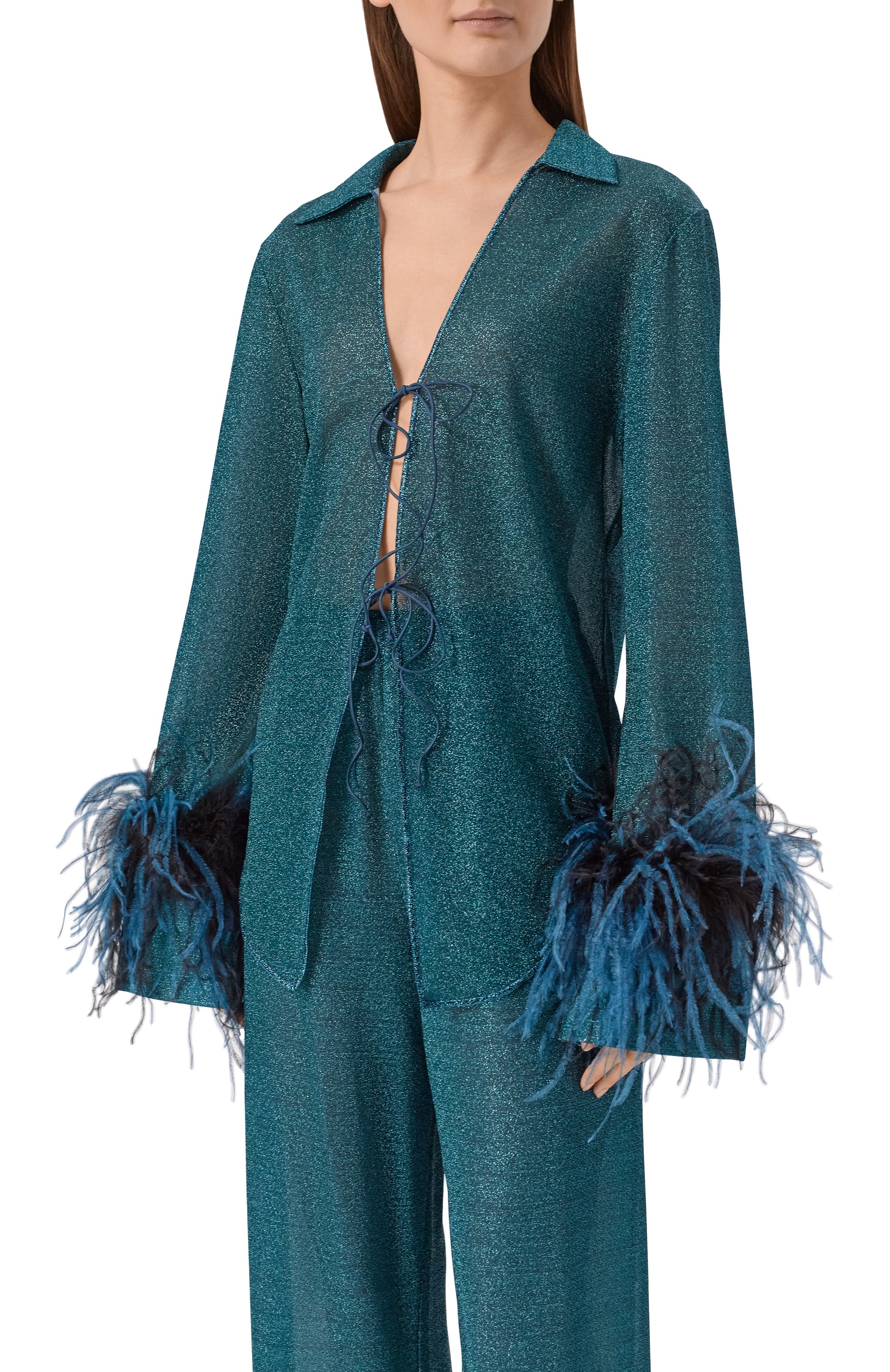 Блузка с отделкой перьями OSEREE зеленого цвета по цене 54050 руб., арт. LZS261/LUREX PLUMAGE, фото 3 Блузка с отделкой перьями OSEREE, арт. LZS261/LUREX PLUMAGE, фото 3