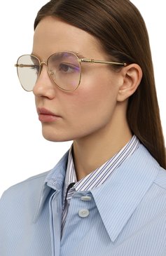 Женские солнцезащитные очки GUCCI золотого цвета, арт. GG1419S 004 | Фото 2 (Кросс-КТ: С/з-унисекс; Региональные ограничения белый список (Axapta Mercury): Не проставлено; Нос: Не проставлено; Тип очков: С/з; Материал: Металл; Очки форма: Авиаторы; Оптика Гендер: оптика-унисекс)