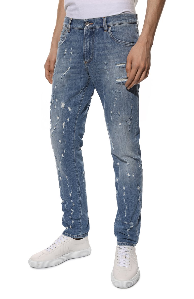 Мужские джинсы slim DOLCE & GABBANA синего цвета, арт. GY07CD/G8EU3 | Фото 3 (Материал внешний: Хлопок, Деним; Кросс-КТ: Деним; Детали: Потертости; Силуэт М (брюки): Прямые; Стили: Панк, Повседневный; Нос: Не проставлено; Автоматизация состава: Проставлено)