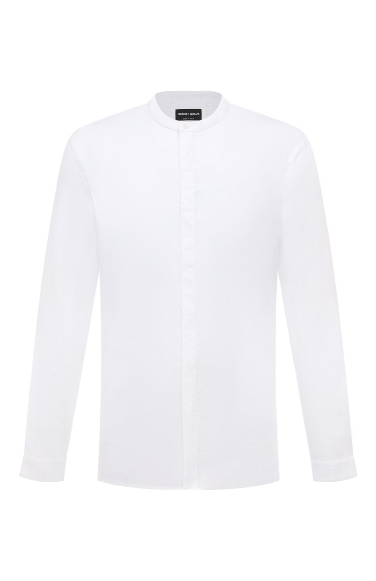 Мужская льняная рубашка GIORGIO ARMANI белого цвета, арт. 4SGCC0A5/T04TB | Фото 1 (Рукава: Длинные; Длина (для топов): Стандартные; Материал внешний: Лен; Манжеты: На пуговицах; Случай: Повседневный; Стили: Кэжуэл; Принт: Однотонные; Автоматизация состава: Проставлено; Автоматизация ТО: Проставлено; Детали: Без декора; Воротник: Стойка)