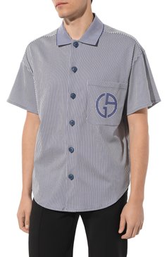 Мужская хлопковая рубашка GIORGIO ARMANI синего цвета, арт. 6RSC50/SJBPZ | Фото 3 (Рукава: Короткие; Материал внешний: Хлопок; Длина (для топов): Стандартные; Принт: Полоска; Случай: Повседневный; Воротник: Акула; Стили: Кэжуэл)