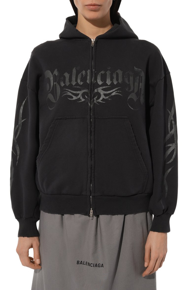 Женский хлопковая толстовка BALENCIAGA черного цвета, арт. 803264/TRVA4 | Фото 3 (Драгоценные камни: Проставлено; Материал сплава: Проставлено; Длина (для топов): Стандартные; Рукава: Длинные; Женское Кросс-КТ: Кардиган-одежда; Стили: Гранж; Материал внешний: Хлопок)