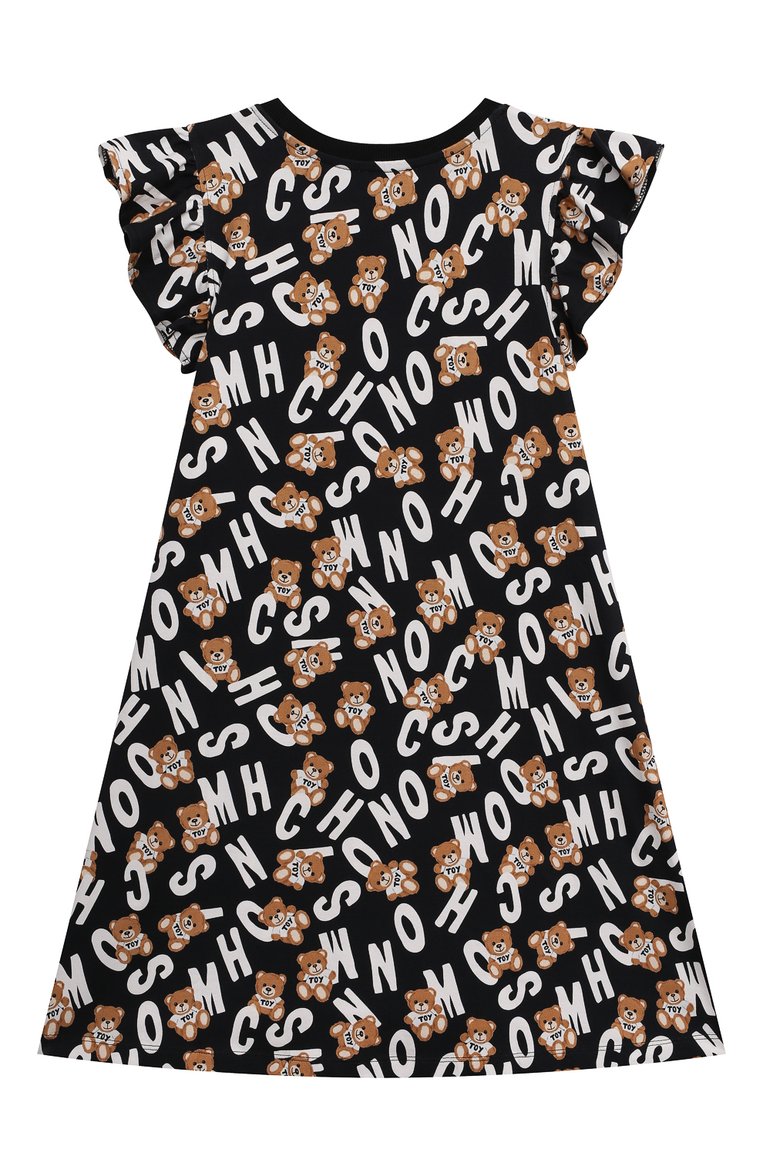 Детское хлопковое платье MOSCHINO черного цвета, арт. HDV0CY/LBBB8/6 | Фото 2 (Рукава: Короткие; Материал внешний: Хлопок; Девочки Кросс-КТ: Платье-одежда; Случай: Повседневный; Драгоценные камни: Проставлено; Нос: Не проставлено; Материал сплава: Проставлено)