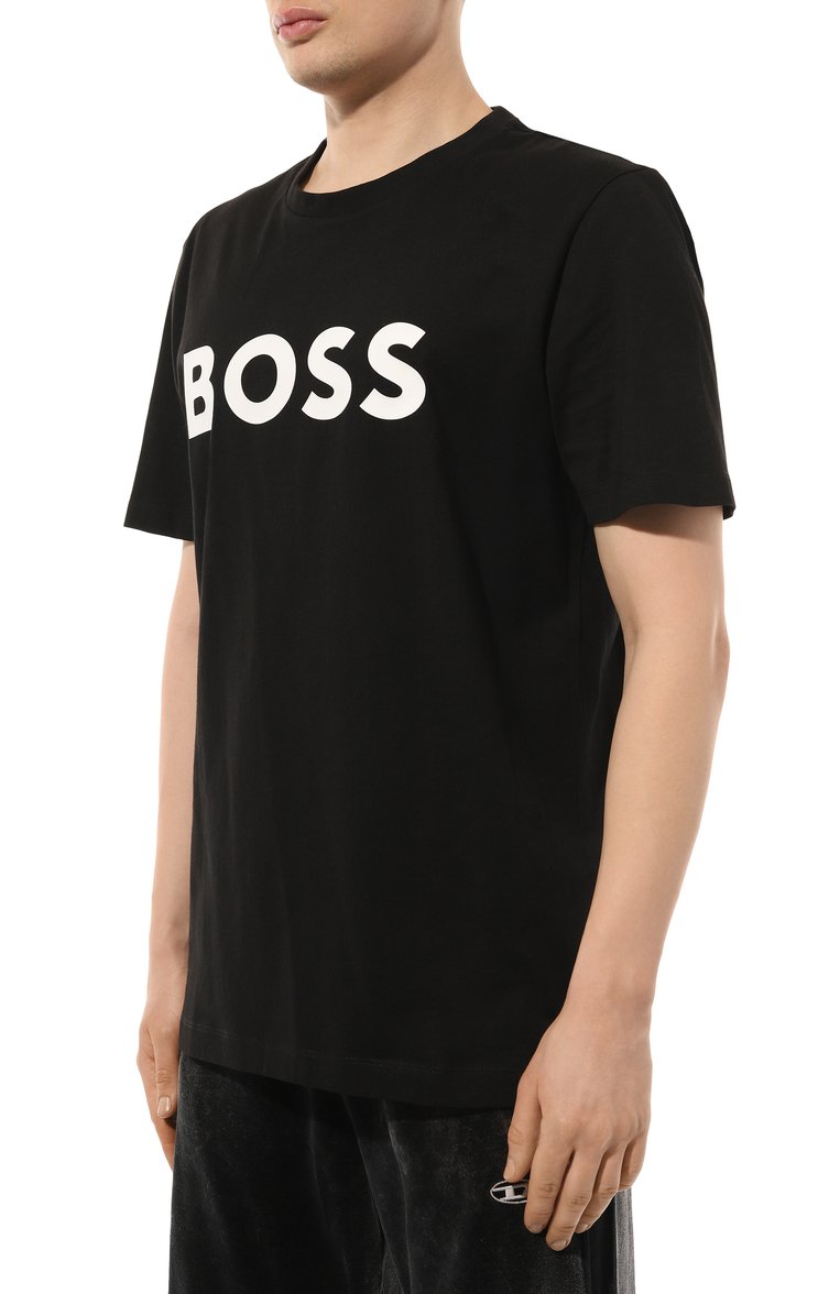 Мужская хлопковая футболка BOSS черного цвета, арт. 50495742 | Фото 3 (Материал внешний: Хлопок; Драгоценные камни: Проставлено; Рукава: Короткие; Материал сплава: Проставлено; Длина (для топов): Стандартные; Принт: С принтом; Стили: Кэжуэл; Кросс-КТ: Джерси; Мужское Кросс-КТ: Футболка-одежда)