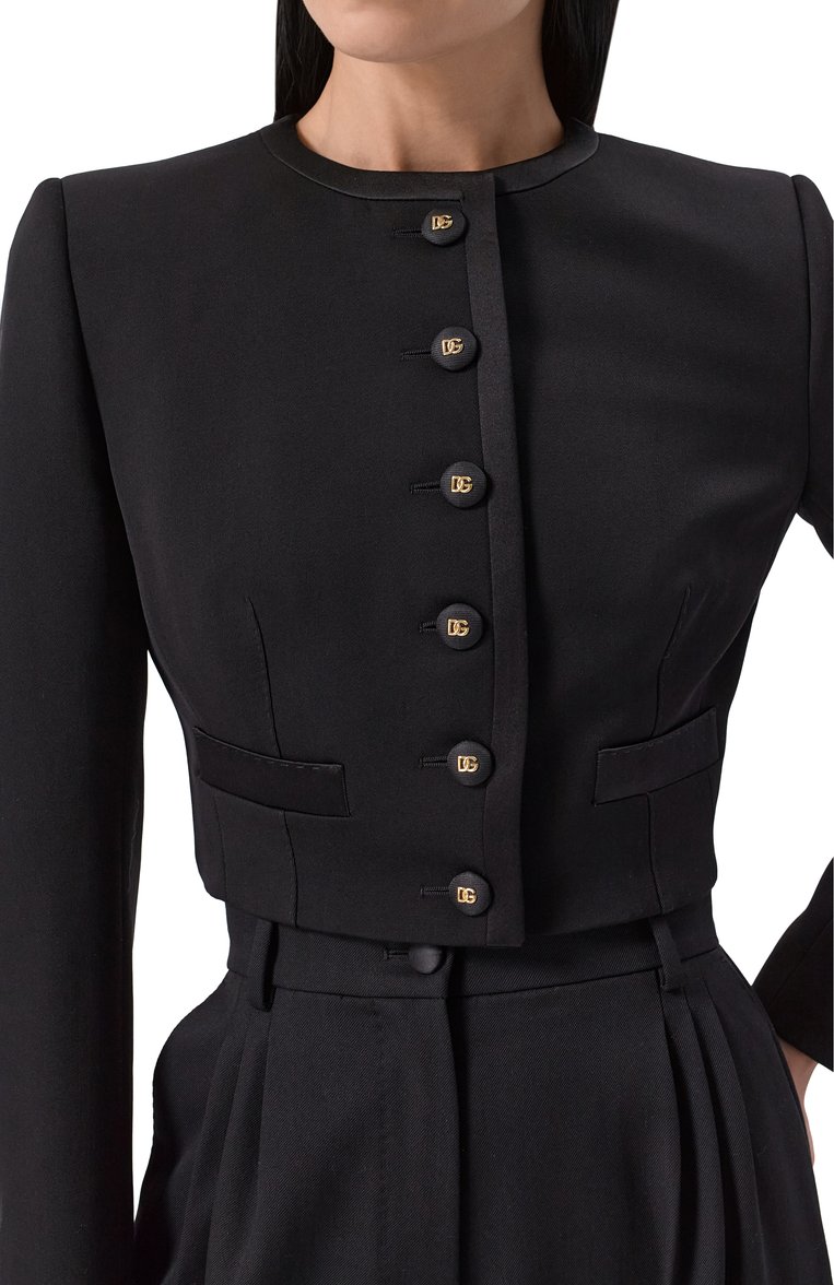 Женский жакет из шерсти и шелка DOLCE & GABBANA черного цвета, арт. F27CPT/FUBGE | Фото 5 (Длина (для топов): Укороченные; Рукава: Длинные; Материал внешний: Шерсть; Кросс-КТ: костюм; 1-2-бортные: Однобортные; Женское Кросс-КТ: Жакет-одежда; Стили: Классический; Автоматизация ТО: Проставлено; Размерность: Идёт в размер; Автоматизация состава: Проставлено)