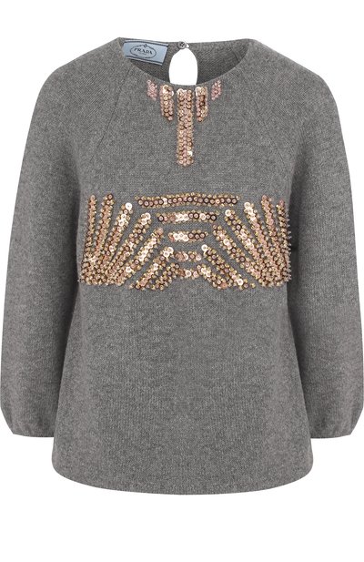Женский однотонный пуловер из смеси шерсти и кашемира с пайетками PRADA, арт. P24D0M-1QKM-F0031