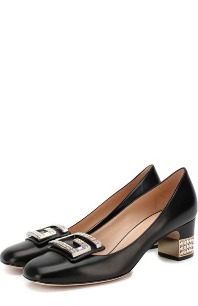 Кожаные туфли с отделкой кристаллами на устойчивом каблуке GUCCI, арт. 522697/C9D00, фото 1