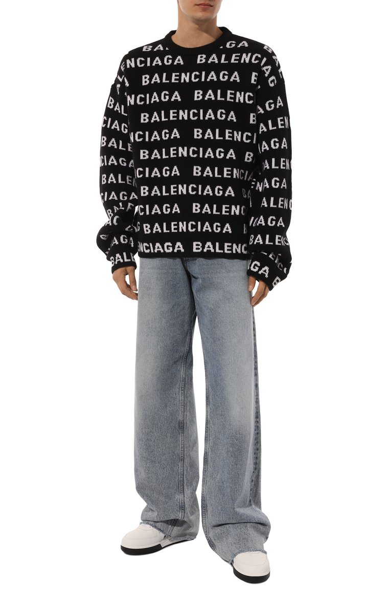 Мужской шерстяной свитер BALENCIAGA черного цвета, арт. 761596/T1673 | Фото 2 (Материал внешний: Шерсть; Рукава: Длинные; Длина (для топов): Стандартные; Мужское Кросс-КТ: Свитер-одежда; Принт: С принтом; Стили: Кэжуэл; Автоматизация ТО: Проставлено; Детали: Без декора; Автоматизация состава: Проставлено)