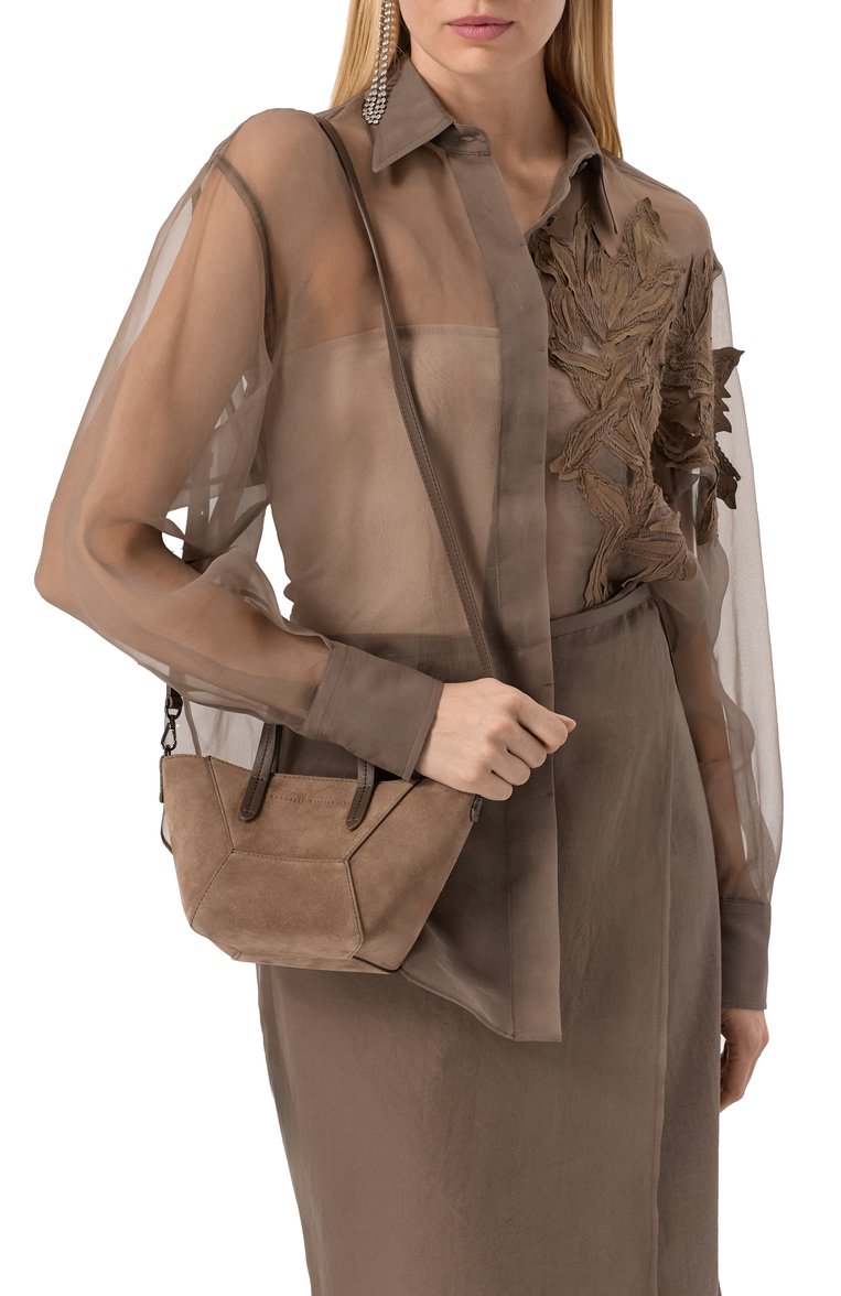 Женская сумка bc duo mini BRUNELLO CUCINELLI коричневого цвет�а, арт. MBDLD2675 | Фото 2 (Ремень/цепочка: На ремешке; Материал: Натуральная кожа, Натуральная замша; Автоматизация ТО: Проставлено; Автоматизация состава: Проставлено; Размер: mini)