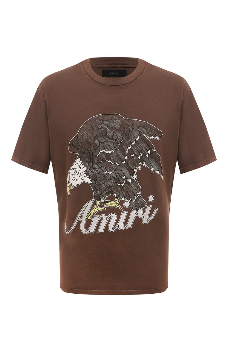Мужская хлопковая футболка AMIRI коричневого цвета, арт. PS24MJG006 | Фото 1 (Длина (для топов): Стандартные; Рукава: Короткие; Материал внешний: Хлопок; Стили: Кэжуэл; Принт: С принтом; Кросс-КТ: Джерси; Мужское Кросс-КТ: Футболка-одежда; Автоматизация ТО: Проставлено; Детали: Без декора; Автоматизация состава: Проставлено)