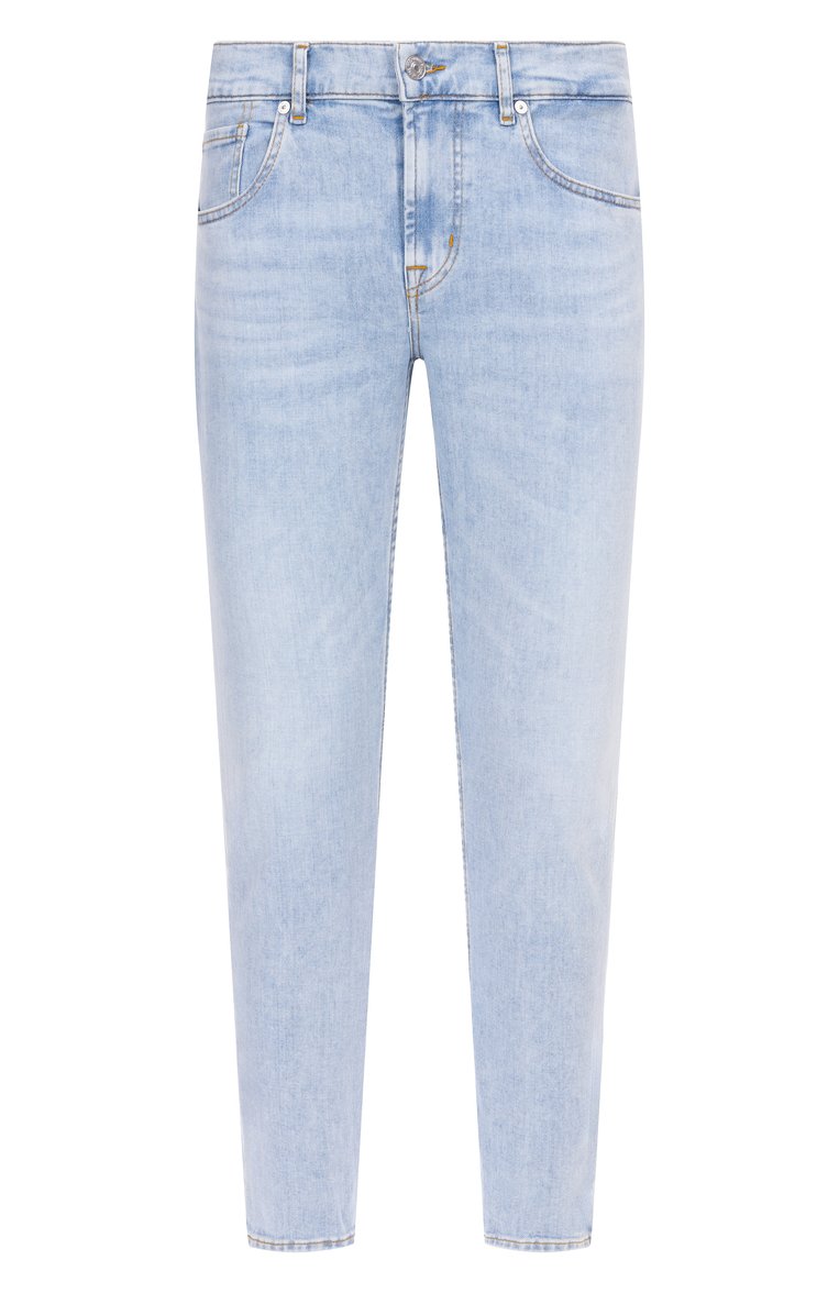 Мужские джинсы 7 FOR ALL MANKIND голубого цвета, арт. 7T042R51 | Фото 1 (Длина (брюки, джинсы): Стандартные; Материал внешний: Хлопок, Деним; Детали: Делаве; Силуэт М (брюки): Прямые; Кросс-КТ: Деним; Стили: Повседневный)
