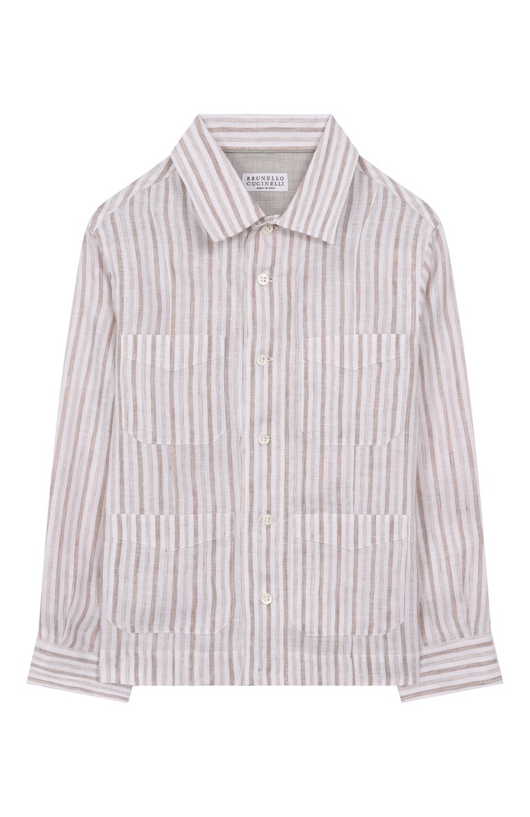 Детская льняная рубашка BRUNELLO CUCINELLI бежевого цвета, арт. BM685C307B | Фото 1 (Автоматизация ТО: Проставлено; Автоматизация состава: Проставлено; Рукава: Длинные; Материал внешний: Лен; Случай: Повседневный; Ростовка одежда: 8 лет | 128 см, 9 лет | 134 см)
