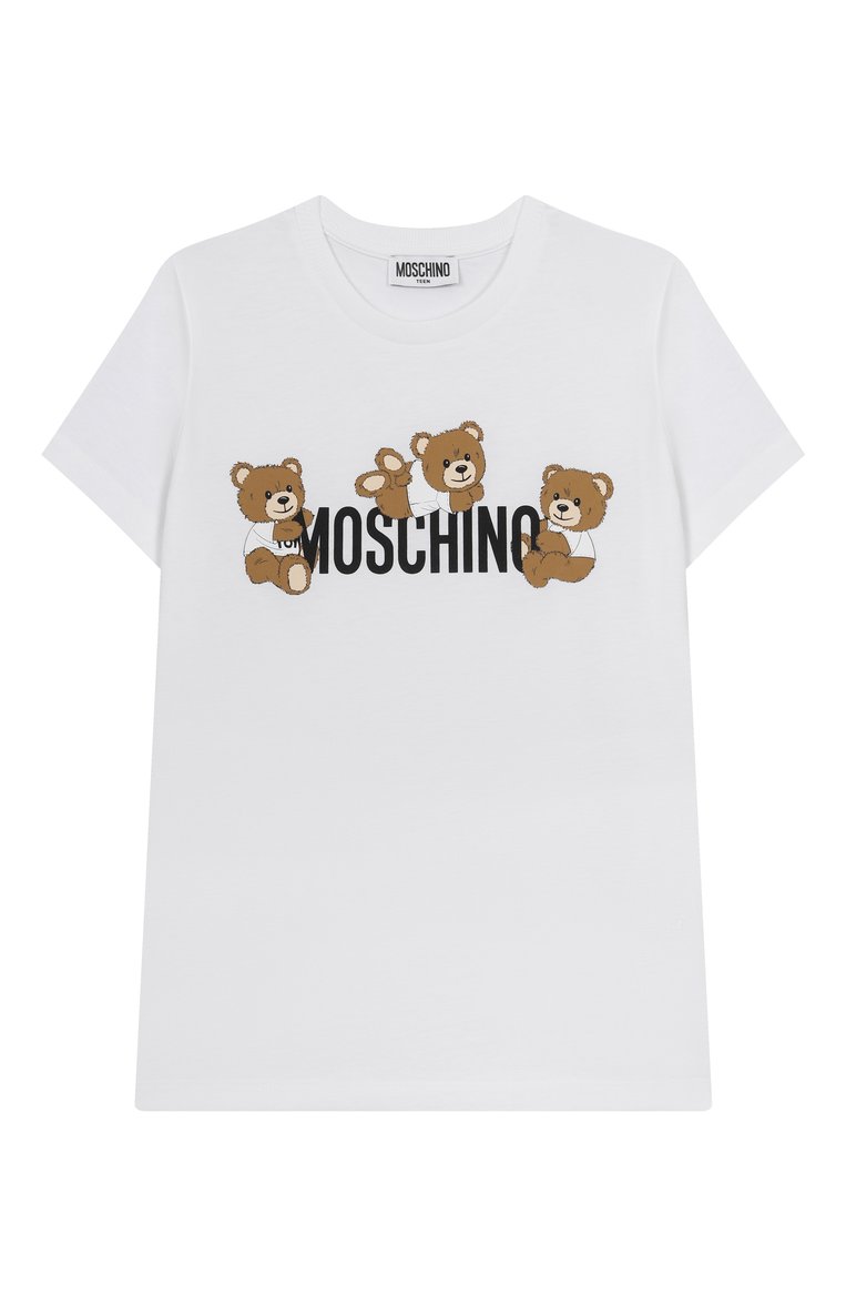 Мужского хлопковая футболка MOSCHINO белого цвета, арт. HUM059/LAA23/10-14 | Фото 1 (Материал внешний: Хлопок; Региональные ограничения белый список (Axapta Mercury): Не проставлено; Нос: Не проставлено; Мальчики Кросс-КТ: Футболка-одежда; Девочки Кросс-КТ: футболка-одежда; Ростовка одежда: 10 - 11 лет | 140 - 146см, 12 лет | 152 см)