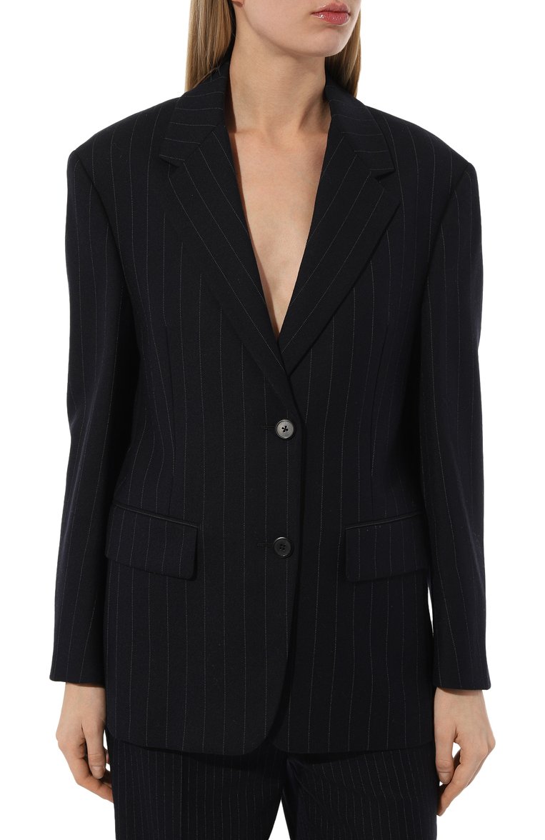 Женский шерстяной жакет PRADA синего цвета, арт. P599L-1ZM5-F0008-212 | Фото 3 (Длина (для топов): Удлиненные; Рукава: Дл�инные; Материал внешний: Шерсть; Женское Кросс-КТ: Жакет-одежда; 1-2-бортные: Однобортные)