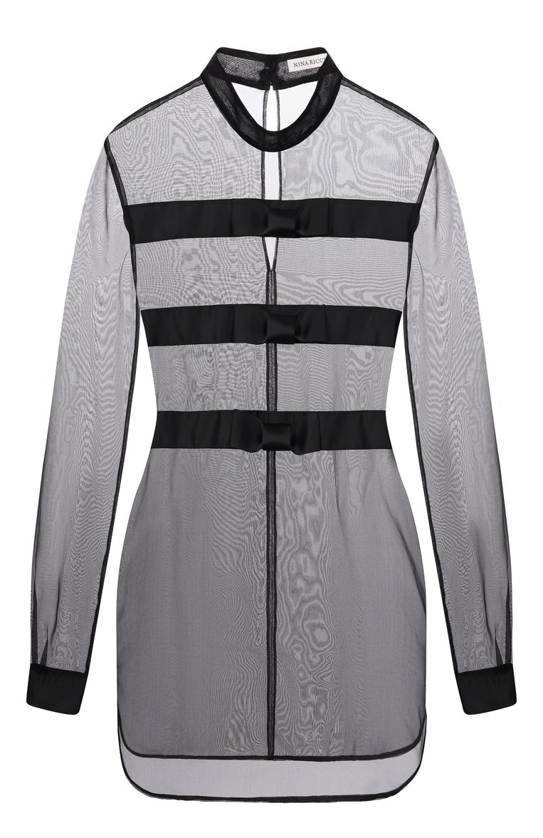 Женская шелковая блузка NINA RICCI черного цвета, арт. 25PCT0015/SE0789 | Фото 1 (Рукава: Длинные; Материал внешний: Шелк; Длина (для топов): Стандартные; Стили: Кэжуэл; Женское Кросс-КТ: Блуза-одежда; Принт: Без принта)