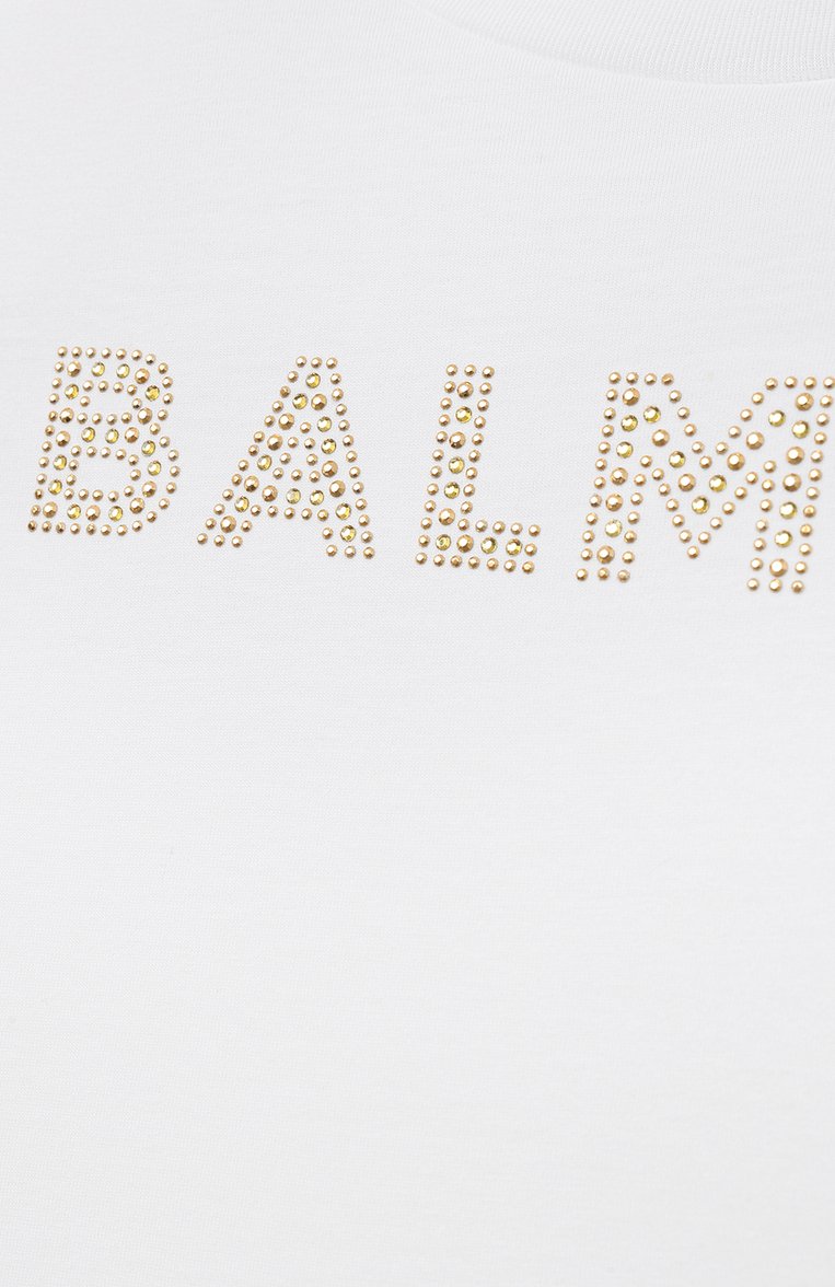 Детская хлопковая футболка BALMAIN белого цвета, арт. BT8A21 | Фото 3 (Рукава: Короткие; Материал внешний: Хлопок; Девочки Кросс-КТ: футболка-одежда; Автоматизация состава: Проставлено; Автоматизация ТО: Проставлено; Ростовка одеж�да: 10 - 11 лет | 140 - 146см, 12 лет | 152 см, 13 - 15 лет | 158 см, 6 лет | 116 см, 8 лет | 128 см)