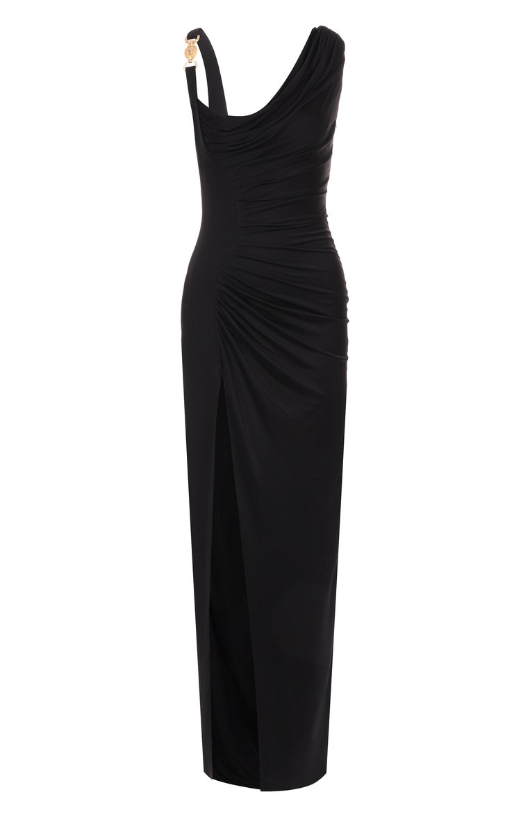 Женское платье из вискозы VERSACE черного цвета, арт. 1014127/1A00572 | Фото 1 (Женское Кросс-КТ: Платье-одежда; Длина Ж (юбки, платья, шорты): Макси; Случай: Вечерний; Стили: Гламурный; Материал внешний: Вискоза; Рукава: На бретелях; Автоматизация ТО: Проставлено; Автоматизация состава: Проставлено; Материал подклада: Шелк)