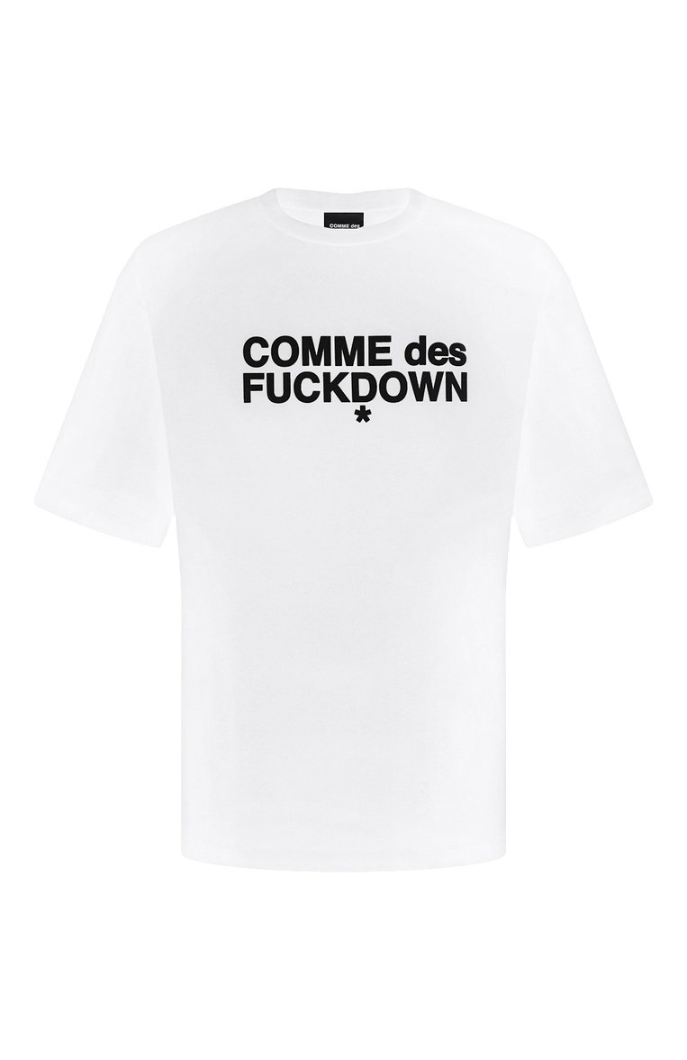 Мужская хлопковая футболка COMME DES FUCKDOWN белого цвета, арт. CFABM00008 | Фото 1 (Длина (для топов): Стандартные; Рукава: Короткие; Материал внешний: Хлопок; Стили: Кэжуэл; Принт: С принтом; Кросс-КТ: Джерси; Мужское Кросс-КТ: Футболка-одежда; Автоматизация состава: Проставлено; Автоматизация ТО: Проставлено; Детали: Без декора)