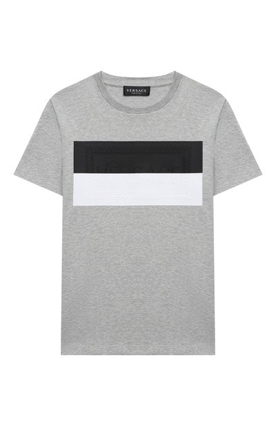 Хлопковая футболка VERSACE серого цвета по цене 18800 руб., арт. YD000265/YA00079/8A-14A, фото 1 Хлопковая футболка VERSACE, арт. YD000265/YA00079/8A-14A, фото 1