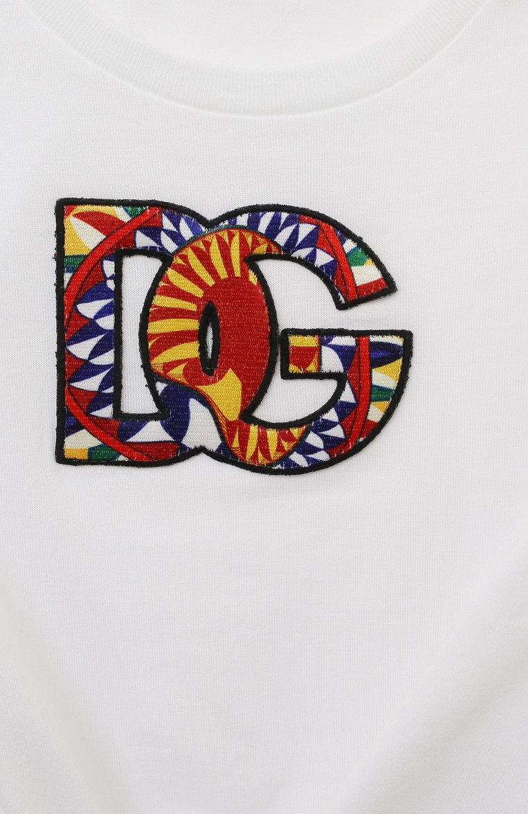 Детская хлопковая футболка DOLCE & GABBANA белого цвета, арт. L5JTLP/G7J9S/2-6 | Фото 3 (Девочки Кросс-КТ: футболка-одежда; Рукава: Короткие; Материал сплава: Проставлено; Материал внешний: Хлопок; Драгоценные камни: Проставлено)