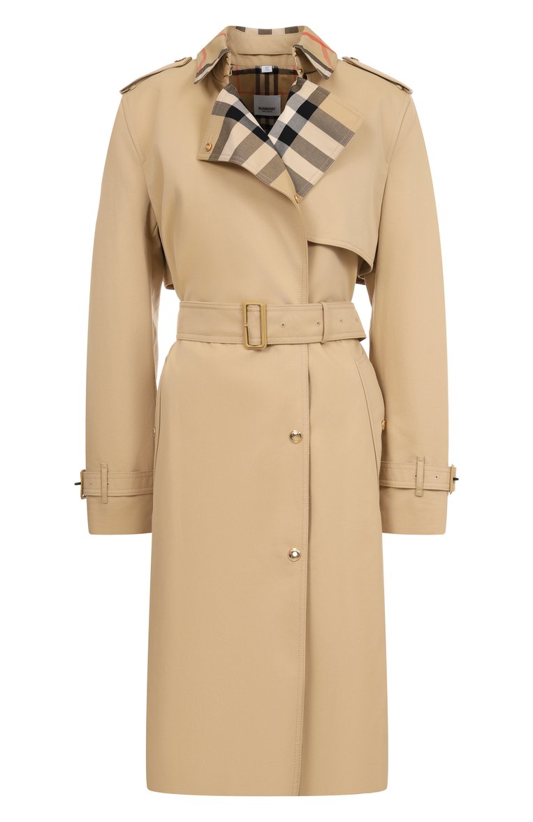Женский хлопковый тренч BURBERRY бежевого цвета, арт. 8076363 | Фото 1 (Кросс-КТ: Куртка; Материал внешний: Хлопок; Длина (верхняя одежда): До колена; Материал подклада: Хлопок; Рукава: Длинные; Стили: Классический)