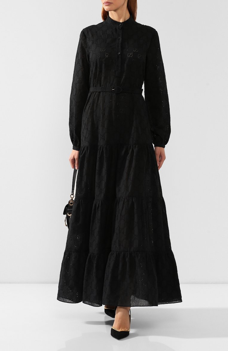 Женское хлопковое платье GUCCI черного цвет а, арт. 569021/ZABI8 | Фото 2 (Длина Ж (юбки, платья, шорты): Макси; Статус проверки: Проверена категория; Материал внешний: Хлопок; Рукава: Длинные; Случай: Повседневный; Женское Кросс-КТ: Платье-одежда; Материал сплава: Проставлено; Ювелирные украшения: Назначено; Драгоценные камни: Проставлено)