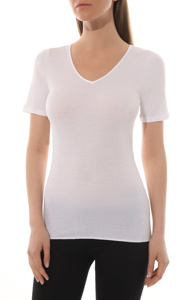 Женская хлопковая футболка HANRO белого цвета, арт. 071603. | Фото 3 (Материал сплава: Проставлено; Нос: Не проставлено; Материал внешний: Хлопок; Женское Кросс-КТ: Футболка-белье)