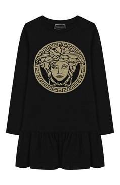 Детское хлопковое платье VERSACE черного цвета, арт. YC000183/YA00019/6A | Фото 1 (Рукава: Длинные; Случай: Повседневный; Принт: С принтом; Материал сплава: Проставлено, Проверено; Материал внешний: Хлопок; Статус проверки: Проверено, Проверена категория; Девочки Кросс-КТ: Платье-одежда; Драг�оценные камни: Проставлено)