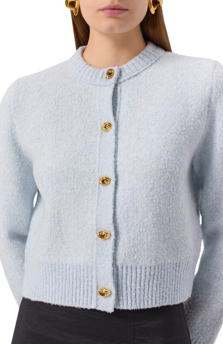 Женский кардиган из хлопка и шерсти BOTTEGA VENETA голубого цвета, арт. 812469/V4WQ0 | Фото 5 (Стили: Ретро; Материал внешний: Шерсть, Хлопок; Женское Кросс-КТ: кардиган-трикотаж; Рукава: Длинные; Длина (для топов): Укороченные; Застежка: Пуговицы; Автоматизация состава: Проставлено; Автоматизация ТО: Проставлено)