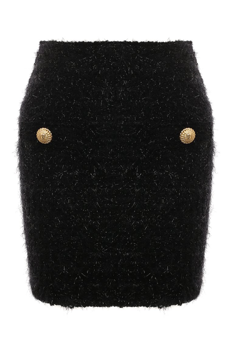 Женская юбка BALMAIN черного цвета, арт. DF1LB015/KG43 | Фото 1 (Материал внешний: Вискоза, Синтетический материал; Длина Ж (юбки, платья, шорты): Мини; Стили: Ретро)