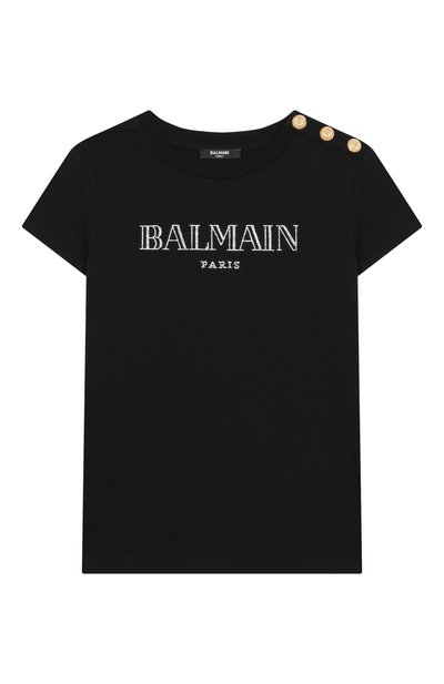 Детская хлопковая футболка BALMAIN черного цвета по цене 24050 руб., арт. BY8A51 | Фото 1 Хлопковая футболка BALMAIN, арт. BY8A51