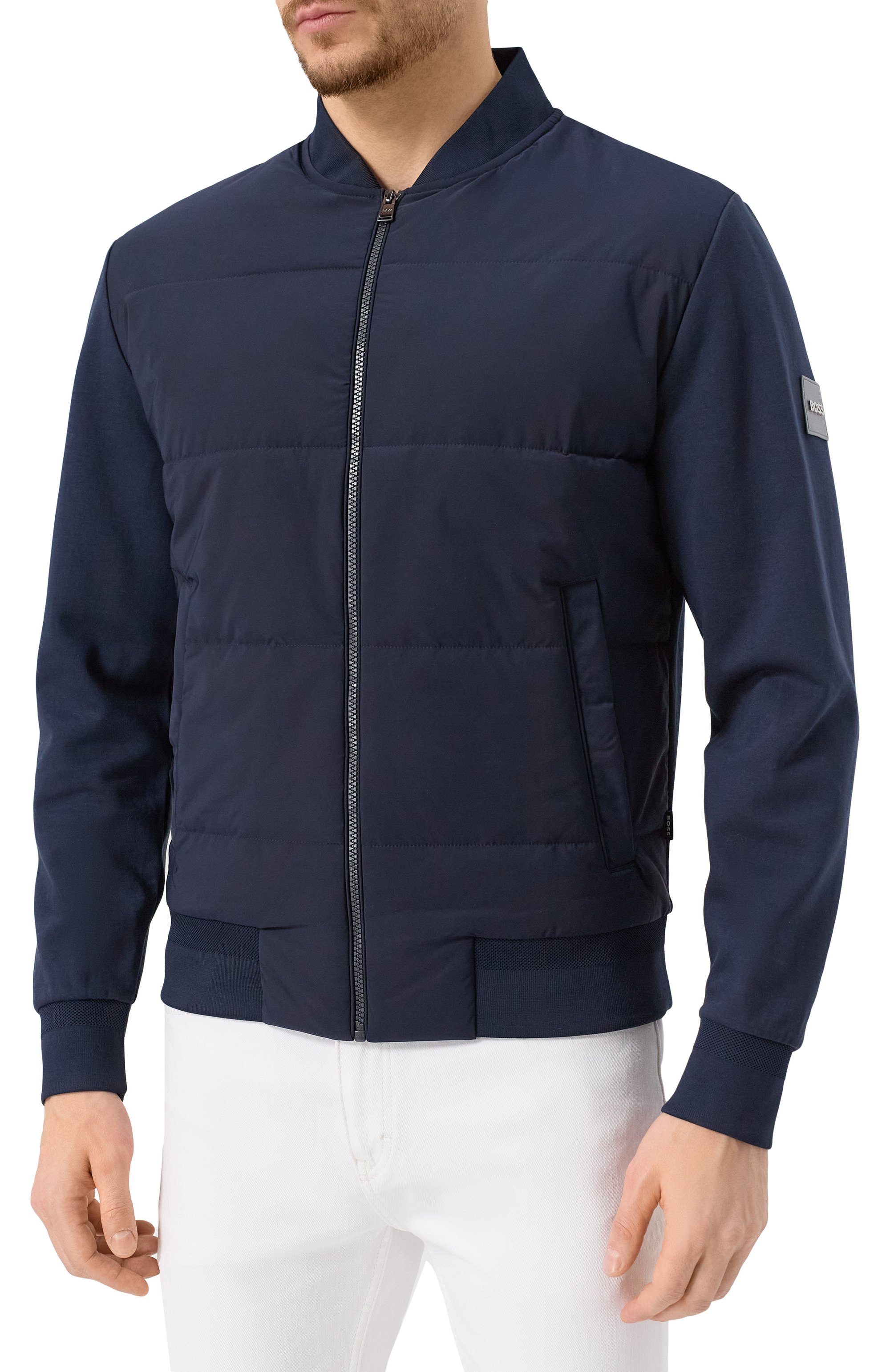 Комбинированная толстовка BOSS темно-синего цвета по цене 34350 руб., арт. 50532767, фото 3 Комбинированная толстовка BOSS, арт. 50532767, фото 3