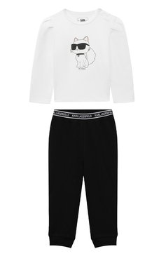 Детская комплект из лонгслива и брюк KARL LAGERFELD KIDS черно-белого цвета, арт. Z30280 | Фото 1 (Материал внешний: Хлопок; Материал сплава: Проставлено; Драгоценные камни: Проставлено; Рукава: Длинные; Девочки Кросс-КТ: Костюмы-спорт; Ростовка одежда: 24 мес | 92 см)