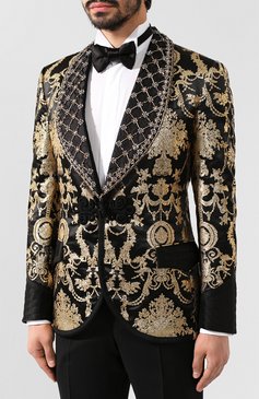 Мужской пиджак DOLCE & GABBANA золотого цвета, арт. G2NG4Z/HJMG2 | Фото 3 (Материал внешний: Полиэстер, Синтетический материал; Рукава: Длинные; Статус проверки: Проверено, Проверена категория; Материал подклада: Шелк; Длина (для топов): Стандартные; 1-2-бортные: Однобортные; Пиджаки М: Приталенный; Случай: Вечерний; Стили: Гламурный; Материал сплава: Проставлено, Проверено; Драгоценные камни: Проставлено)