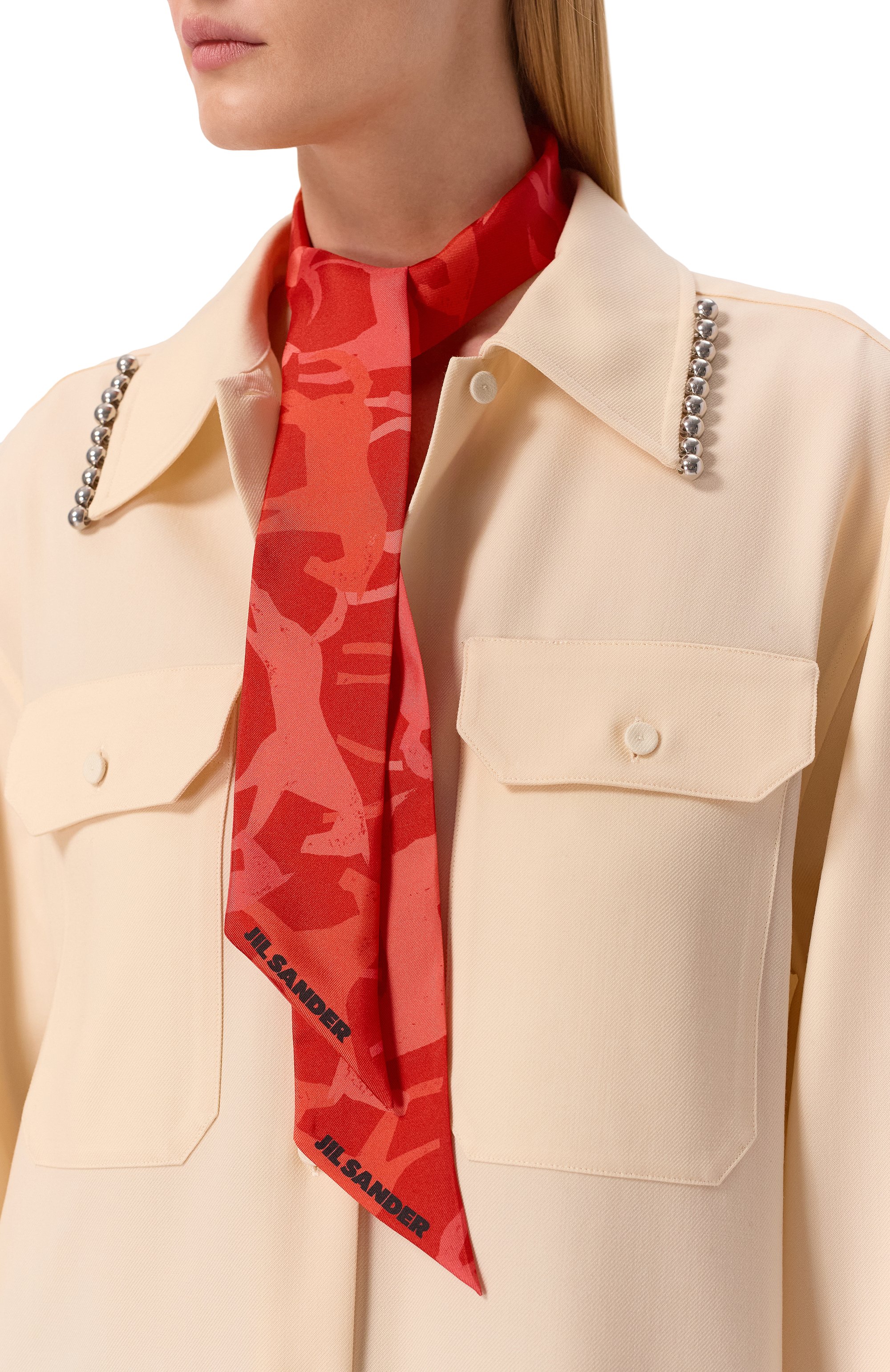 Шелковый шарф-твилли JIL SANDER красного цвета по цене 32900 руб., арт. J53TF0005/J40084, фото 2 Шелковый шарф-твилли JIL SANDER, арт. J53TF0005/J40084, фото 2