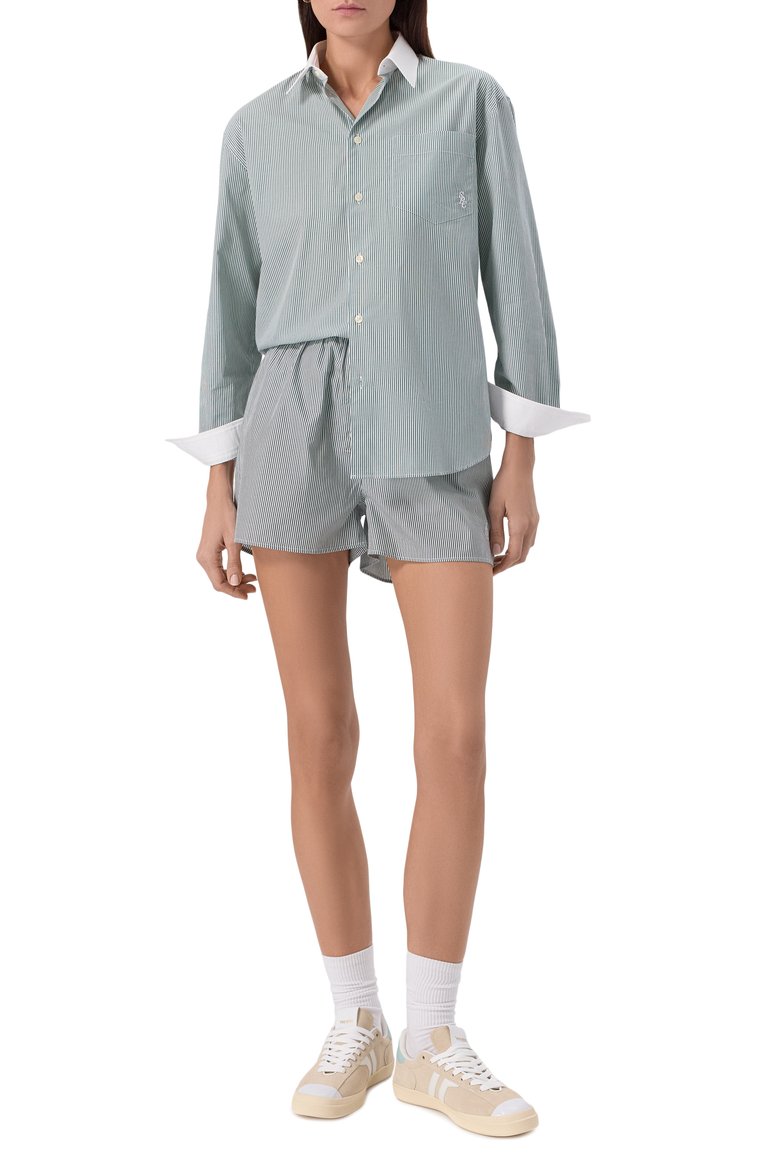 Женская хлопковая рубашка SPORTY AND RICH зеленого цвета, арт. SI019606302ST71 | Фото 2 (Длина (для топов): Удлиненные; Рукава: Длинные; Автоматизация состава: Проставлено; Материал внешний: Хлопок; Автоматизация ТО: Проставлено; Принт: С принтом, Полоска; Женское Кросс-КТ: Рубашка-одежда; Стили: Классический)