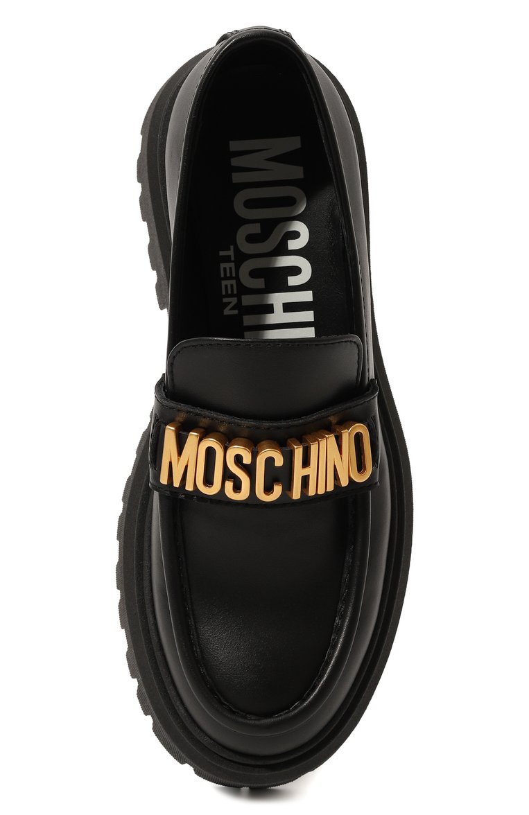 Детские кожаные лоферы MOSCHINO черного цвета, арт. 76047/28-35 | Фото 4 (Материал внутренний: Натуральная кожа; Материал сплава: Проставлено; Нос: Не проставлено; Материал внешний: Натуральная кожа)