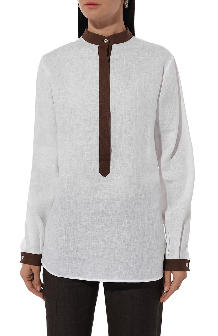 Женская льняная блузка KITON белого цвета, арт. D49412H06207 | Фото 3 (Рукава: Длинные; Длина (для топов): Удлиненные; Материал внешний: Лен; Стили: Кэжуэл; Принт: Без принта; Женское Кросс-КТ: Блуза-одежда)