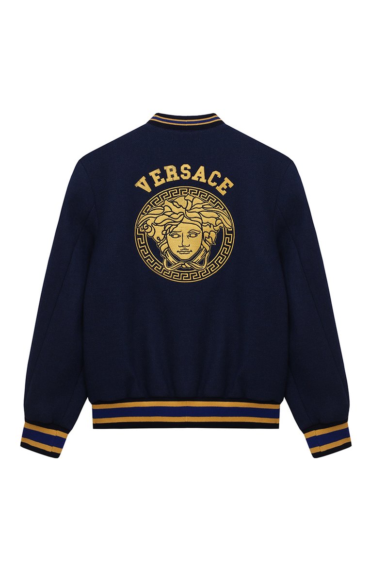 Детского шерстяной бомбер VERSACE синего цвета, арт. 1006728/1A07565/8A-14A | Фото 2 (Материал внешний: Шерсть, Синтетический материал; Рукава: Длинные; Материал сплава: Проставлено; Драгоценные камни: Проставлено; Материал подклада: Купро)