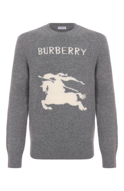 Мужской свитер из шерсти и кашемира BURBERRY серого цвета, арт. 8104878 | Фото 1 (Длина (для топов): Стандартные; Материал сплава: Проставлено; Материал внешний: Шерсть; Рукава: Длинные; Драгоценные камни: Проставлено)
