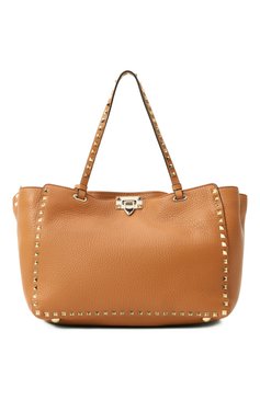 Женская сумка-тоут rockstud medium VALENTINO светло-коричневого цвета, арт. 5W2B0970/VSF | Фото 1 (Размер: medium; Ремень/цепочка: На ремешке; Материал: Натуральная кожа)
