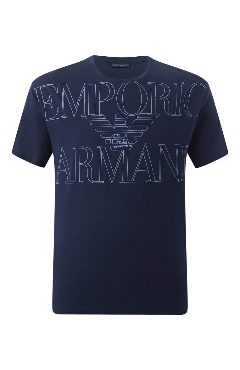 Мужская хлопковая футболка EMPORIO ARMANI темно-синего цвета, арт. EM000574/AF12326 | Фото 1 (Материал сплава: Проставлено; Рукава: Короткие; Длина (для топов): Стандартные; Драгоценные камни: Проставлено; Материал внешний: Хлопок; Принт: С принтом; Стили: Кэжуэл; Мужское Кросс-КТ: Футболка-одежда; Кросс-КТ: Джерси)