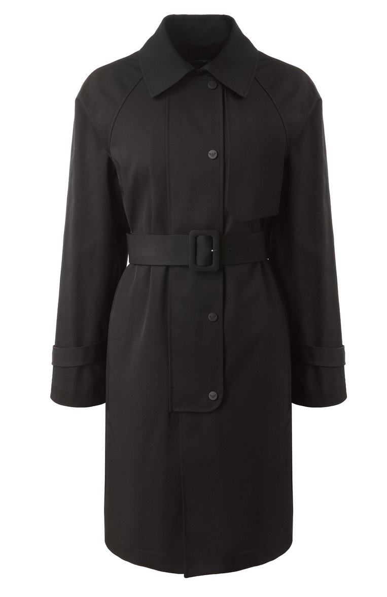Женский тренч EMPORIO ARMANI черного цвета, арт. EW000638/AF12646 | Фото 1 (Длина (верхняя одежда): До середины бедра; Матер�иал подклада: Синтетический материал; Рукава: Длинные; Кросс-КТ: Куртка; Стили: Кэжуэл; Материал внешний: Хлопок, Синтетический материал)