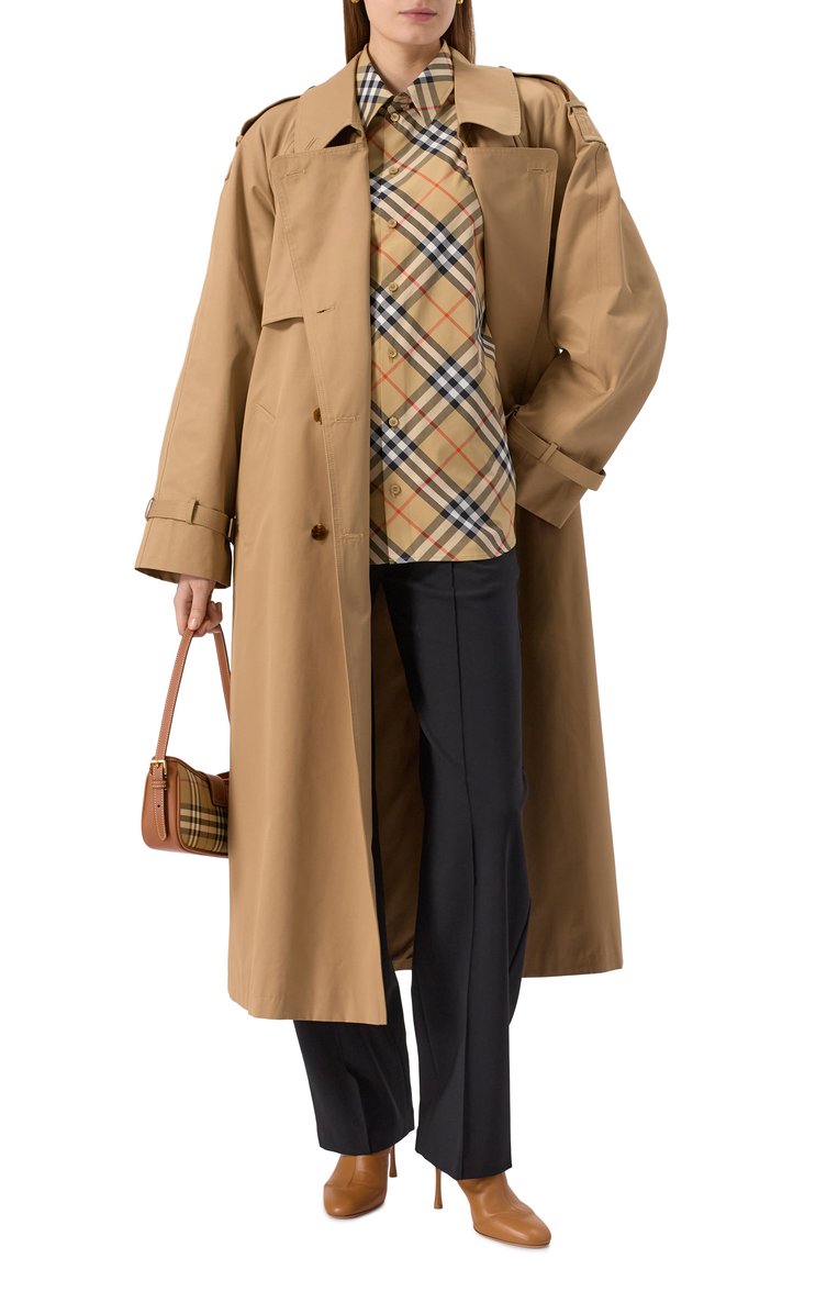 Женская хлопковая рубашка BURBERRY бежевого цвета, арт. 8106164 | Фото 2 (Длина (для топов): Удлиненные; Материал внешний: Хлопок; Рукава: Длинные; Женское Кросс-КТ: Рубашка-одежда; Принт: С принтом, Клетка; Стили: Классический; Автоматизация состава: Проставлено; Автоматизация ТО: Проставлено)
