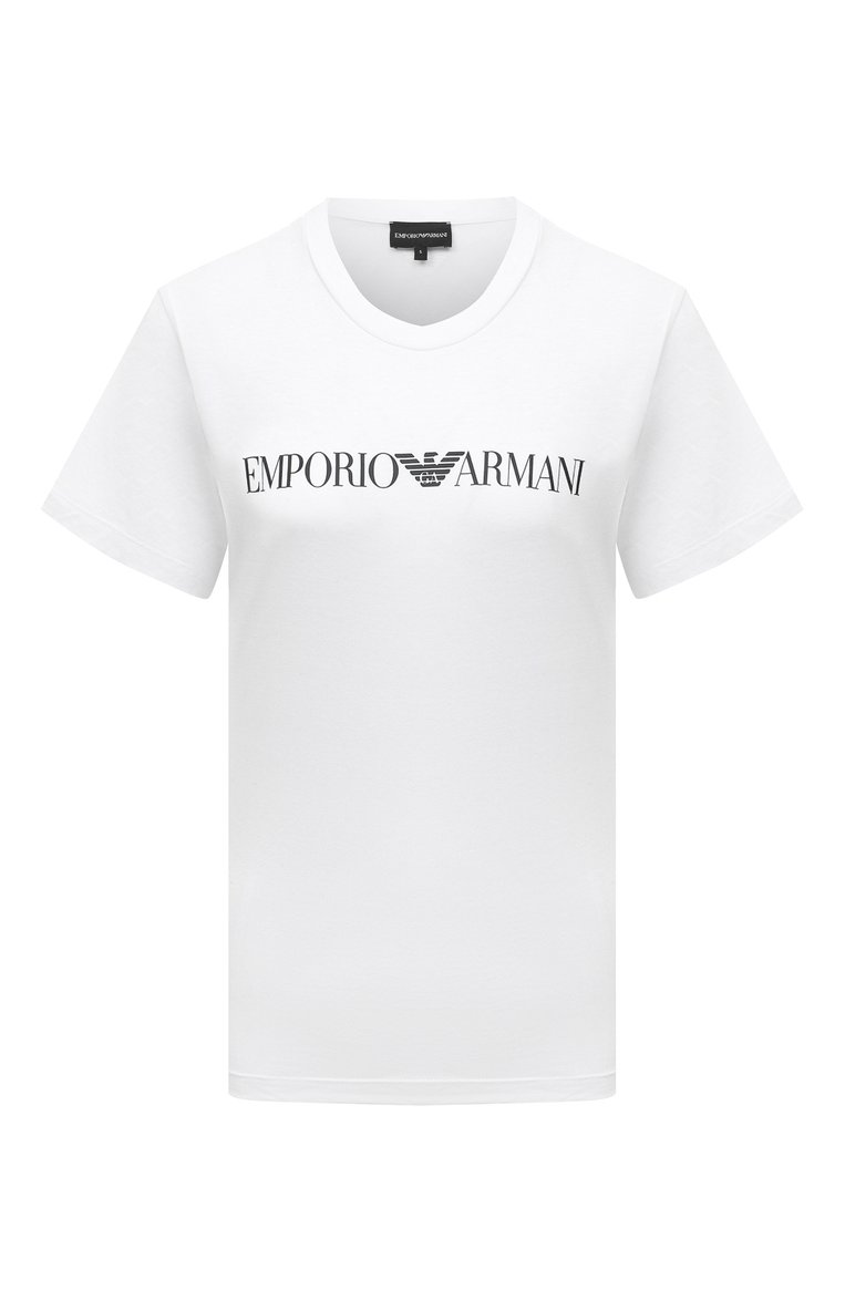 Женская хлопковая футболка EMPORIO ARMANI белого цвета, арт. 8N2T9C/2J53Z | Фото 1 (Рукава: Короткие; Длина (для топов): Стандартные; Принт: С принтом; Материал сплава: Проставлено; Материал внешний: Хлопок; Женское Кросс-КТ: Футболка-одежда; Драгоценные камни: Проставлено; Стили: Кэжуэл)