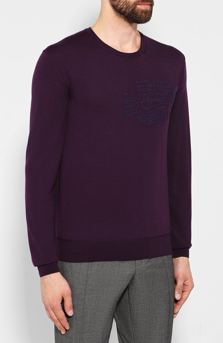 Мужской шерстяной дж�емпер BERLUTI фиолетового цвета, арт. R15KRL115-005 | Фото 3 (Рукава от горловины: Длинные; Материал внешний: Шерсть; Длина (для топов): Стандартные; Рукава: Длинные; Статус проверки: Проверена категория, Проверено; Мужское Кросс-КТ: Джемперы; Принт: С принтом; Вырез: Круглый; Материал сплава: Проставлено, Проверено; Драгоценные камни: Проставлено; Стили: Кэжуэл)