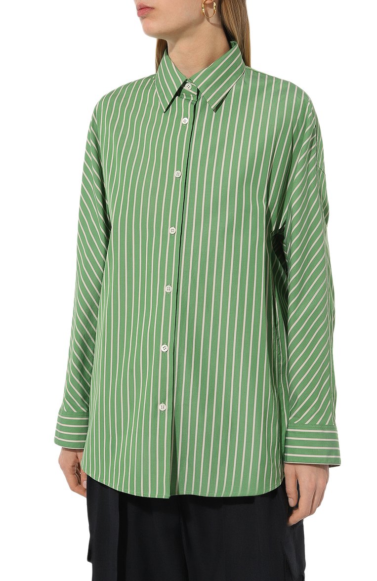 Женская хлопковая рубашка DRIES VAN NOTEN зеленого цвета, арт. 010710-8067 | Фото 3 (Длина (для топов): Удлиненные; Материал внешний: Хлопок; Рукава: Длинные; Принт: С принтом, Полоска; Женское Кросс-КТ: Рубашка-одежда; Стили: Кэжуэл)
