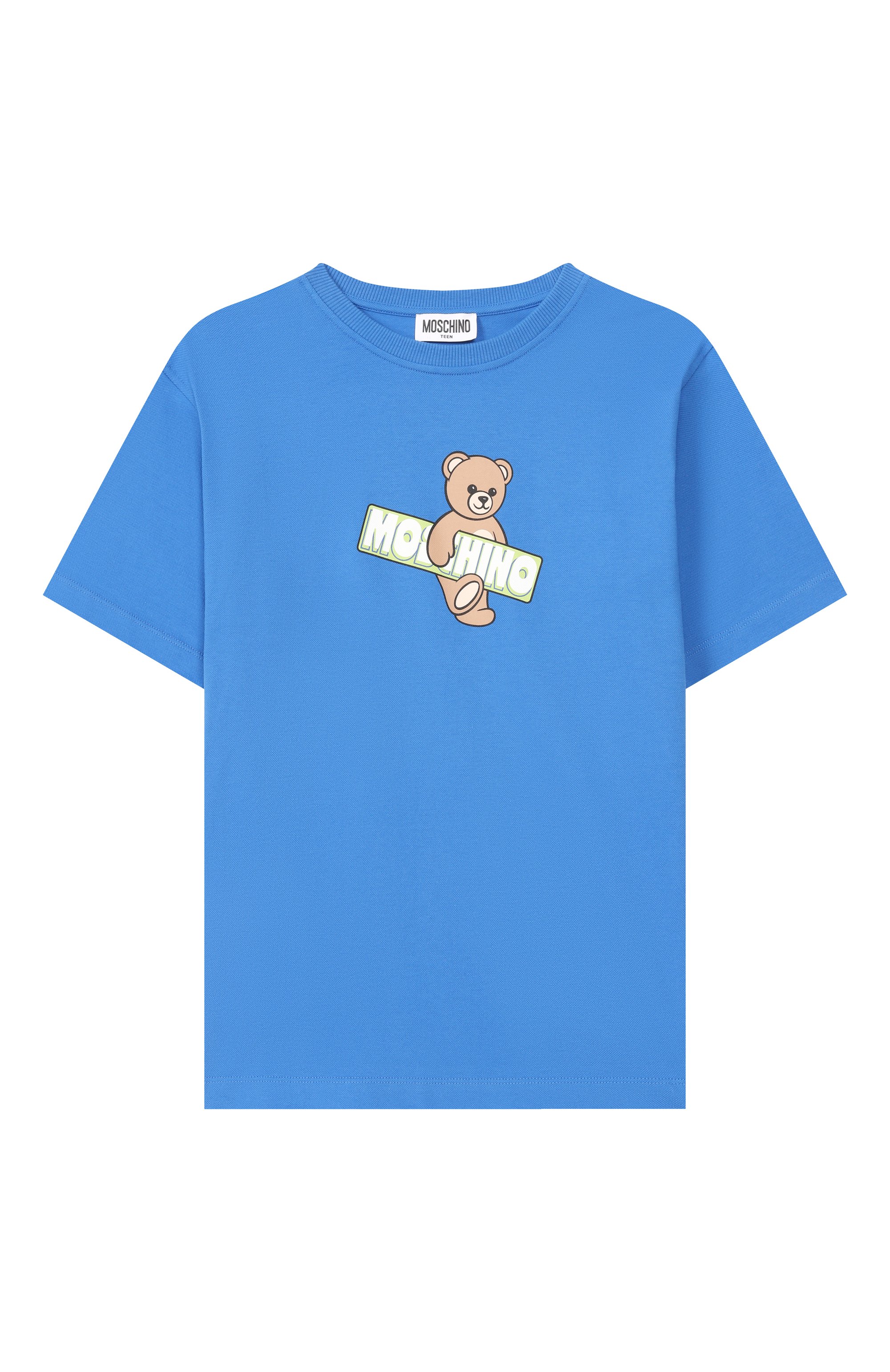 Хлопковая футболка MOSCHINO синего цвета по цене 10850 руб., арт. HYM03S/LFA07_001, фото 1 Хлопковая футболка MOSCHINO, арт. HYM03S/LFA07_001, фото 1